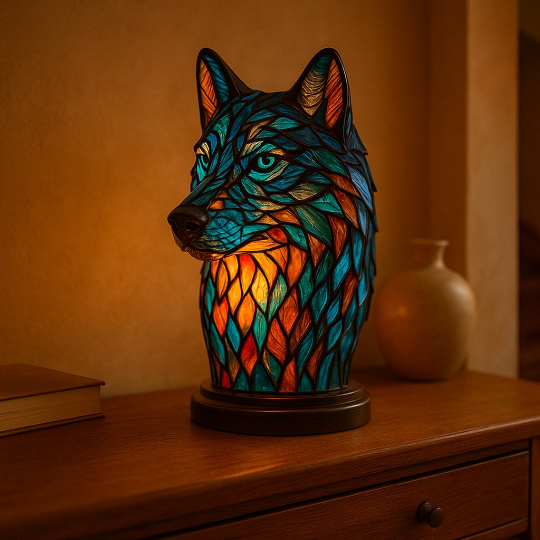 Stained Glass Wolf Lamp