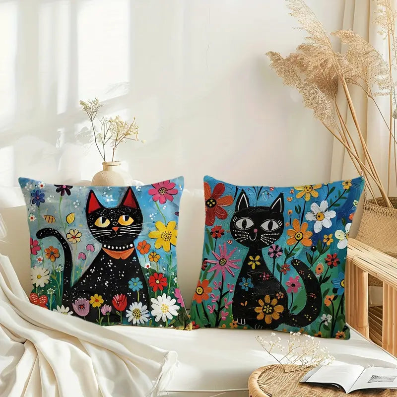 Floral Garden Black Cat Pillow Covers