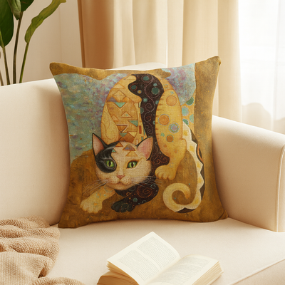 Golden Geometric Cat Pillow Cover