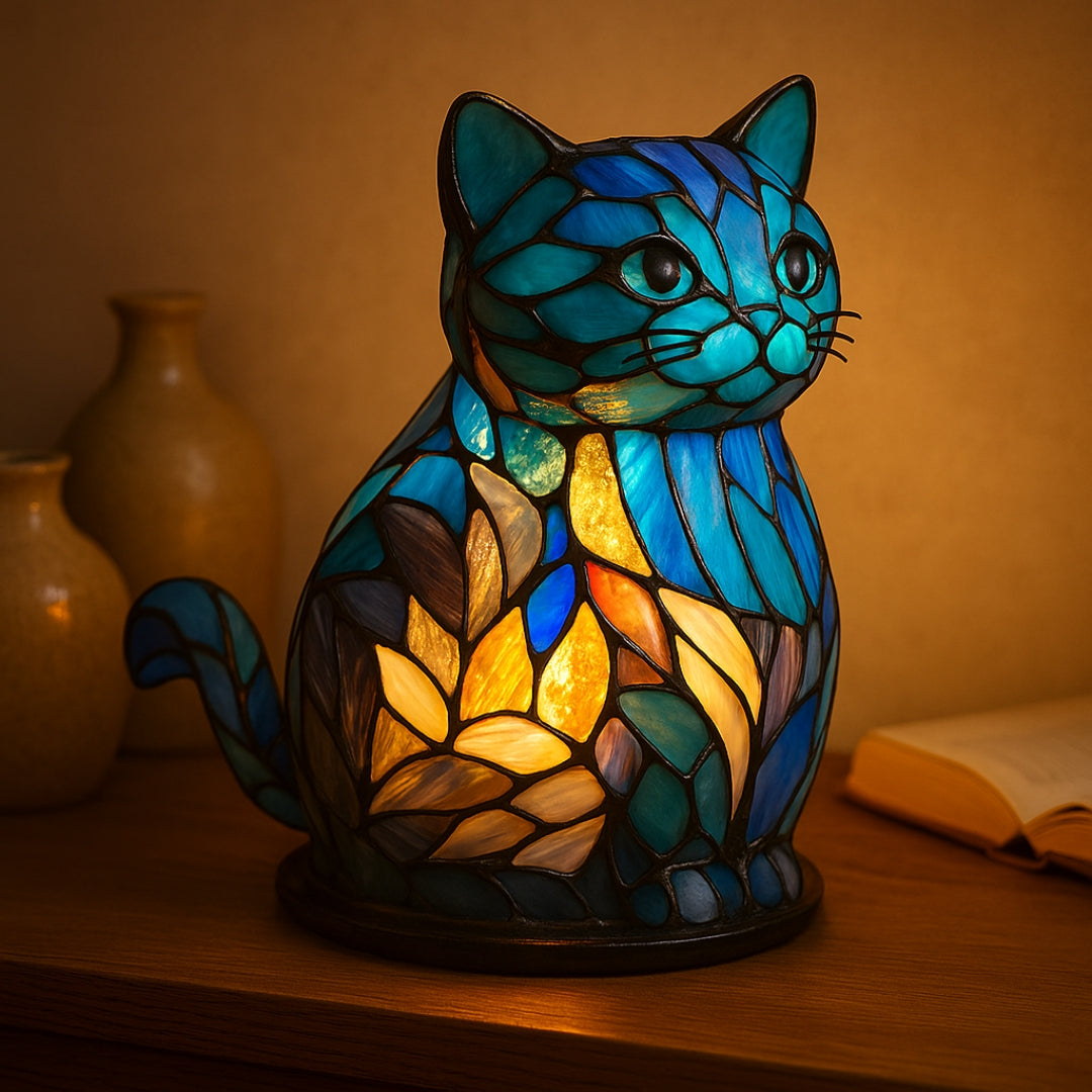 Stained Glass Blue Cat Lamp