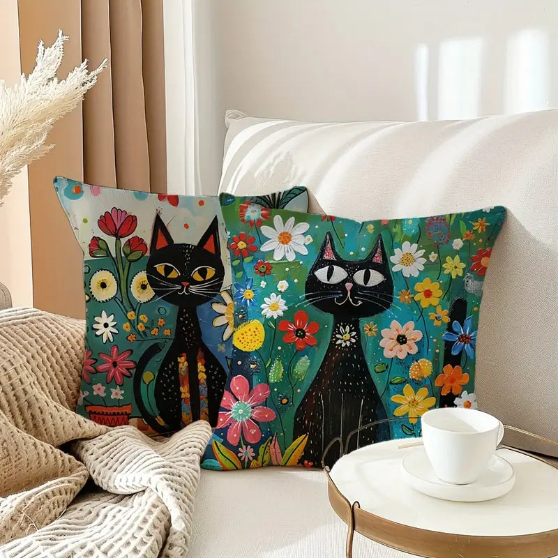 Floral Garden Black Cat Pillow Covers