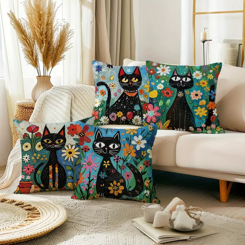 Floral Garden Black Cat Pillow Covers