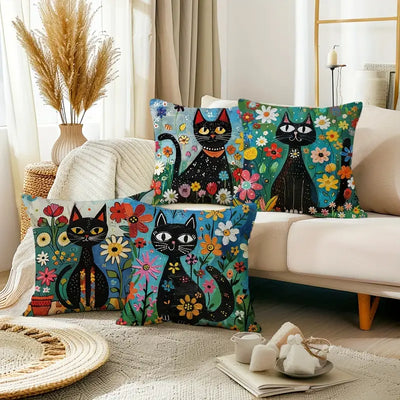 Floral Garden Black Cat Pillow Covers