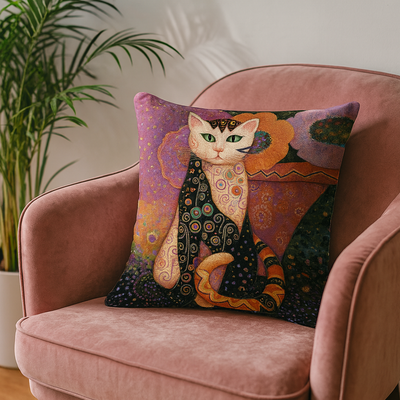 Klimt-Inspired Cat Pillow Cover
