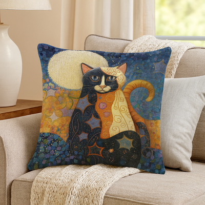 Celestial Moon Cat Pillow Cover