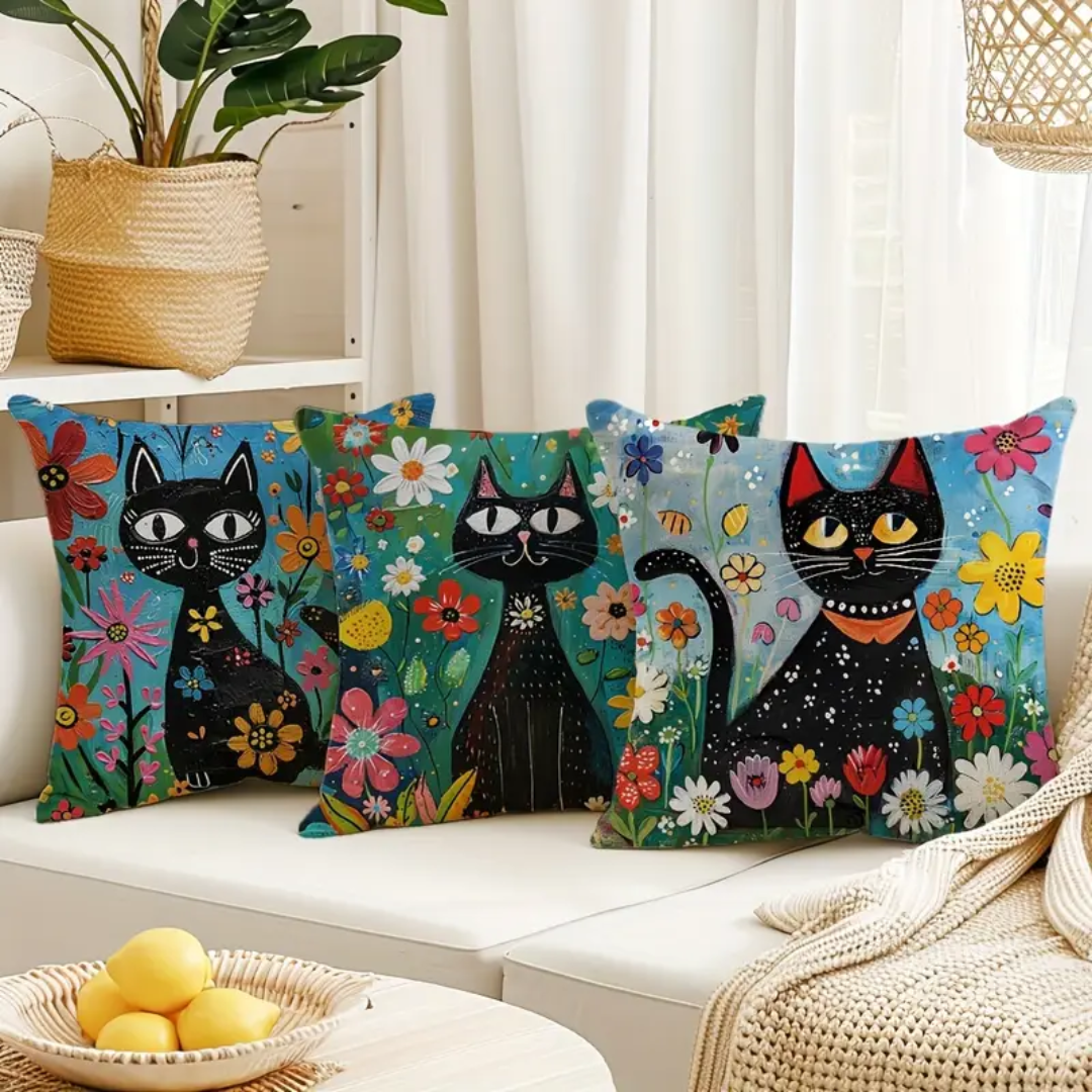 Floral Garden Black Cat Pillow Covers