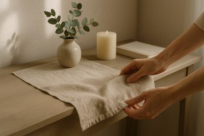 “Close-up of hands arranging a linen table runner on a wooden console, soft morning light entering from left. A small ceramic vase, a candle, a book. Mood: calm, lived-in, Sunday morning. Palette: Sand Beige, Soft Taupe, Warm White; a hint of Sage green via eucalyptus. No text. 3:2 and 4:5 versions.”